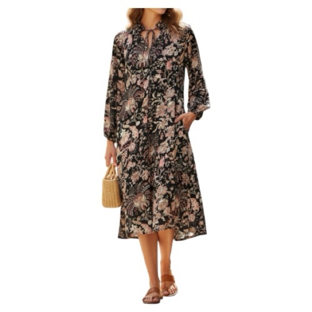 H&M Black, Pink, Green Floral Print Midi Dress w/Pockets - Size 8